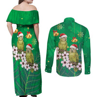 New Zealand Kakapo Christmas Couples Matching Off Shoulder Maxi Dress and Long Sleeve Button Shirt Owl Parrot Santa Sliver Fern Manuka - Green LT14 - Polynesian Pride