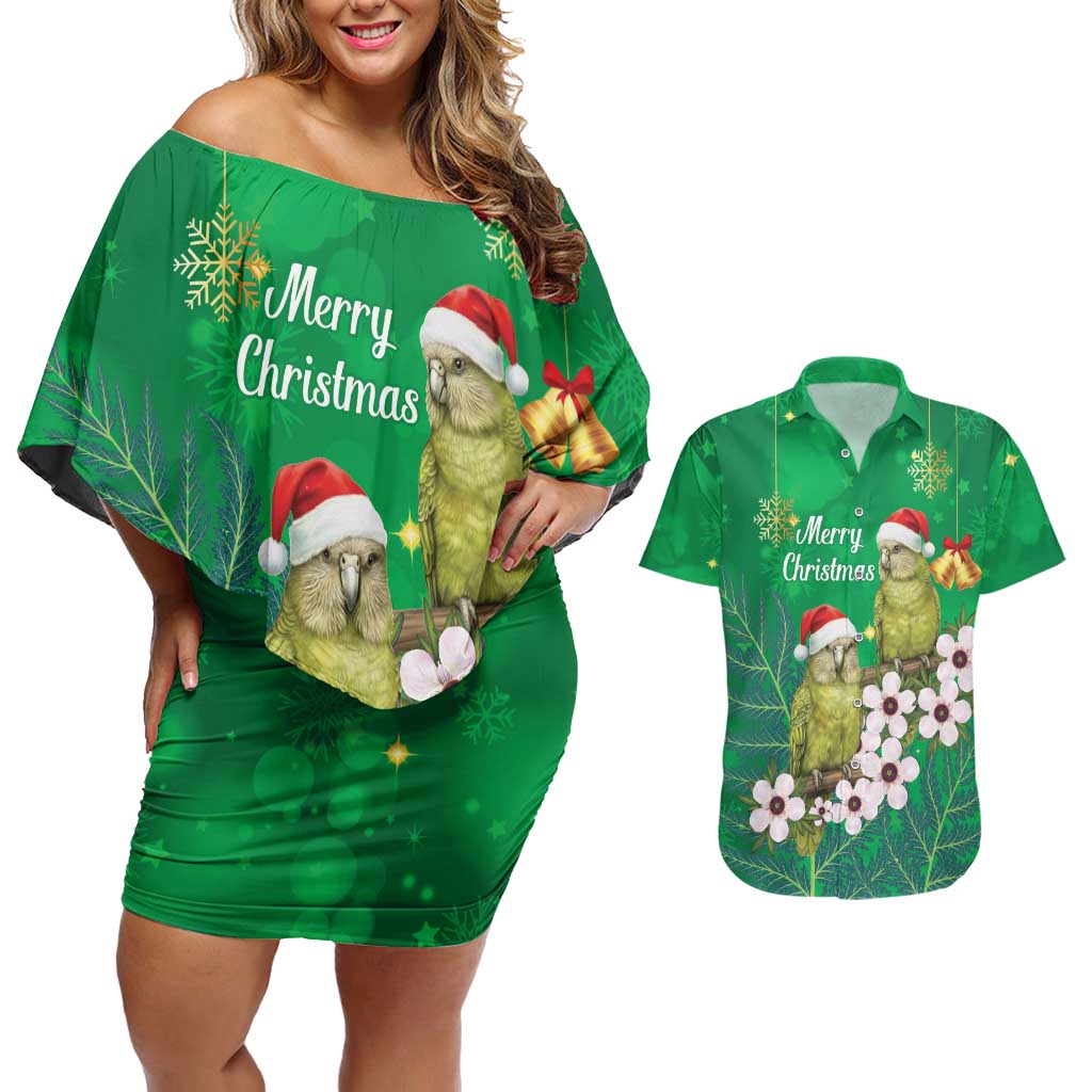 New Zealand Kakapo Christmas Couples Matching Off Shoulder Short Dress and Hawaiian Shirt Owl Parrot Santa Sliver Fern Manuka - Green LT14 Green - Polynesian Pride