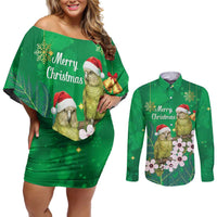 New Zealand Kakapo Christmas Couples Matching Off Shoulder Short Dress and Long Sleeve Button Shirt Owl Parrot Santa Sliver Fern Manuka - Green LT14 Green - Polynesian Pride