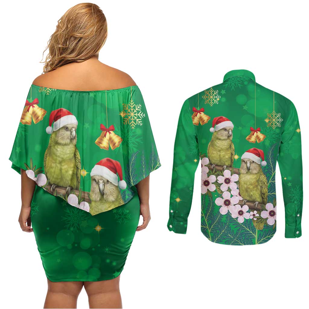 New Zealand Kakapo Christmas Couples Matching Off Shoulder Short Dress and Long Sleeve Button Shirt Owl Parrot Santa Sliver Fern Manuka - Green LT14 - Polynesian Pride
