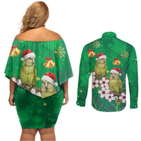 New Zealand Kakapo Christmas Couples Matching Off Shoulder Short Dress and Long Sleeve Button Shirt Owl Parrot Santa Sliver Fern Manuka - Green LT14 - Polynesian Pride