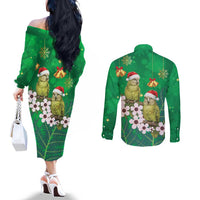 New Zealand Kakapo Christmas Couples Matching Off The Shoulder Long Sleeve Dress and Long Sleeve Button Shirt Owl Parrot Santa Sliver Fern Manuka - Green LT14 - Polynesian Pride