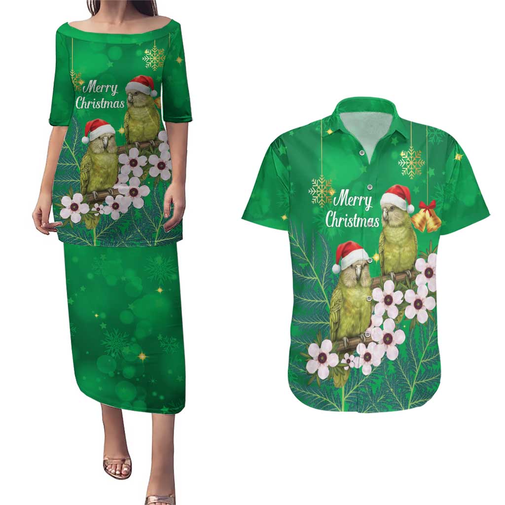 New Zealand Kakapo Christmas Couples Matching Puletasi and Hawaiian Shirt Owl Parrot Santa Sliver Fern Manuka - Green LT14 Green - Polynesian Pride