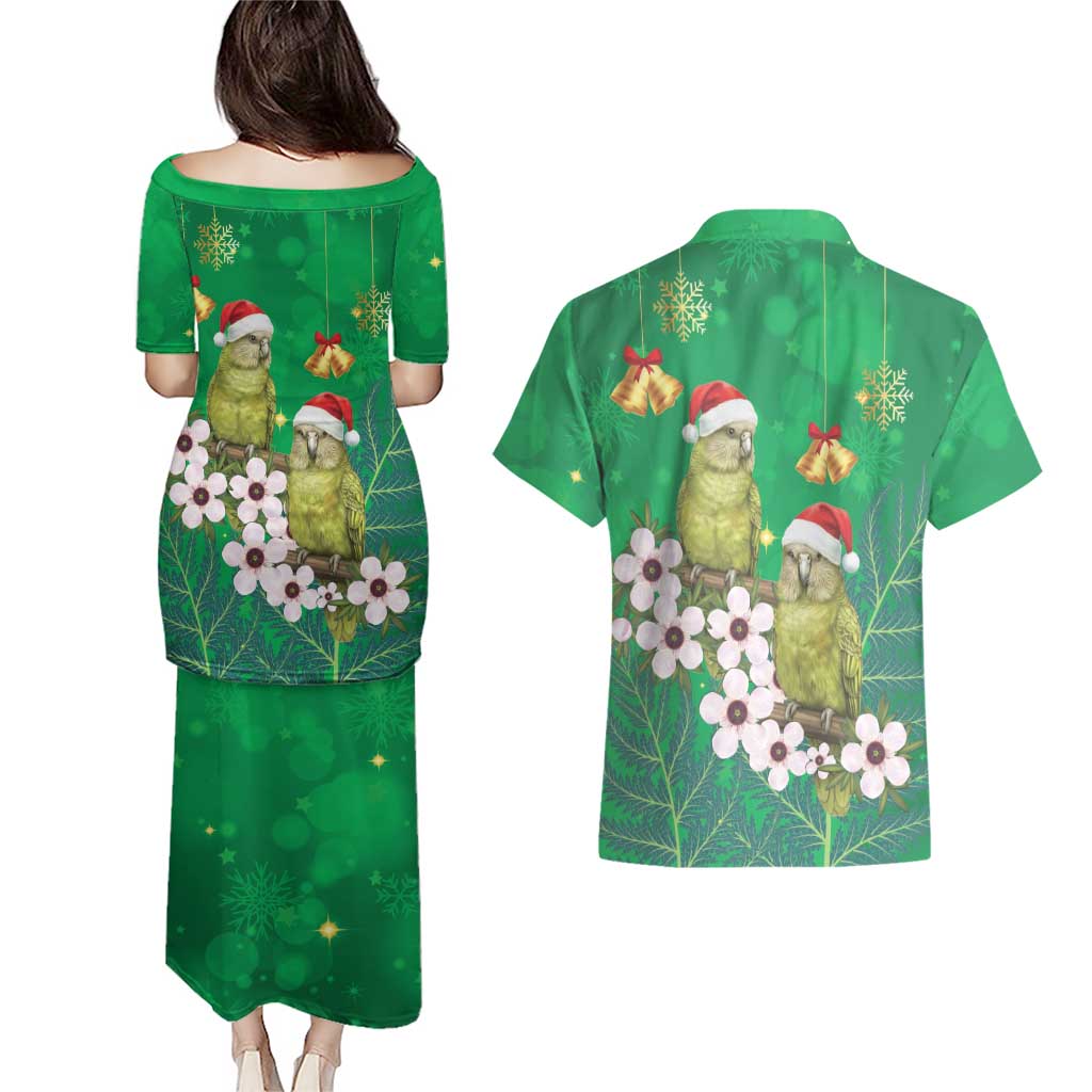 New Zealand Kakapo Christmas Couples Matching Puletasi and Hawaiian Shirt Owl Parrot Santa Sliver Fern Manuka - Green LT14 - Polynesian Pride