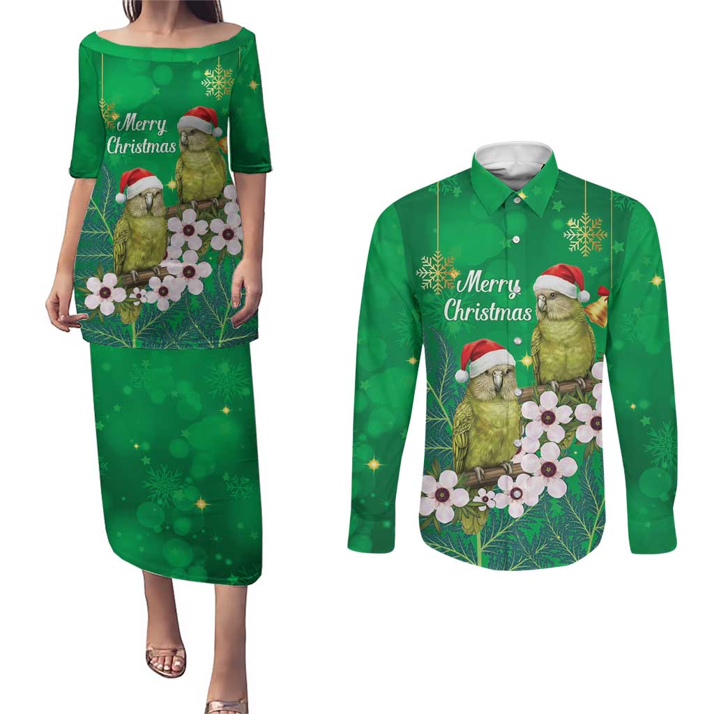 New Zealand Kakapo Christmas Couples Matching Puletasi and Long Sleeve Button Shirt Owl Parrot Santa Sliver Fern Manuka - Green LT14 Green - Polynesian Pride