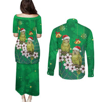 New Zealand Kakapo Christmas Couples Matching Puletasi and Long Sleeve Button Shirt Owl Parrot Santa Sliver Fern Manuka - Green LT14 - Polynesian Pride