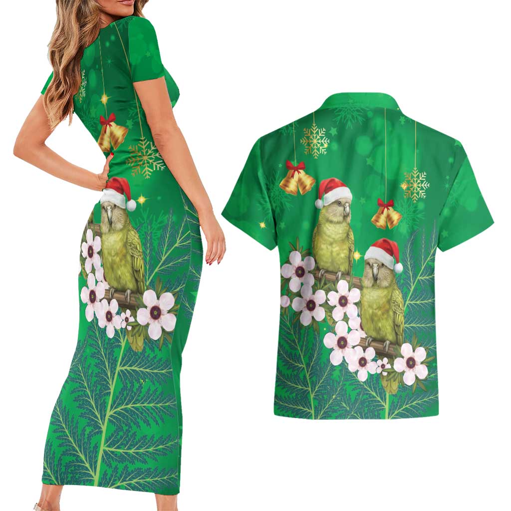 New Zealand Kakapo Christmas Couples Matching Short Sleeve Bodycon Dress and Hawaiian Shirt Owl Parrot Santa Sliver Fern Manuka - Green LT14 - Polynesian Pride