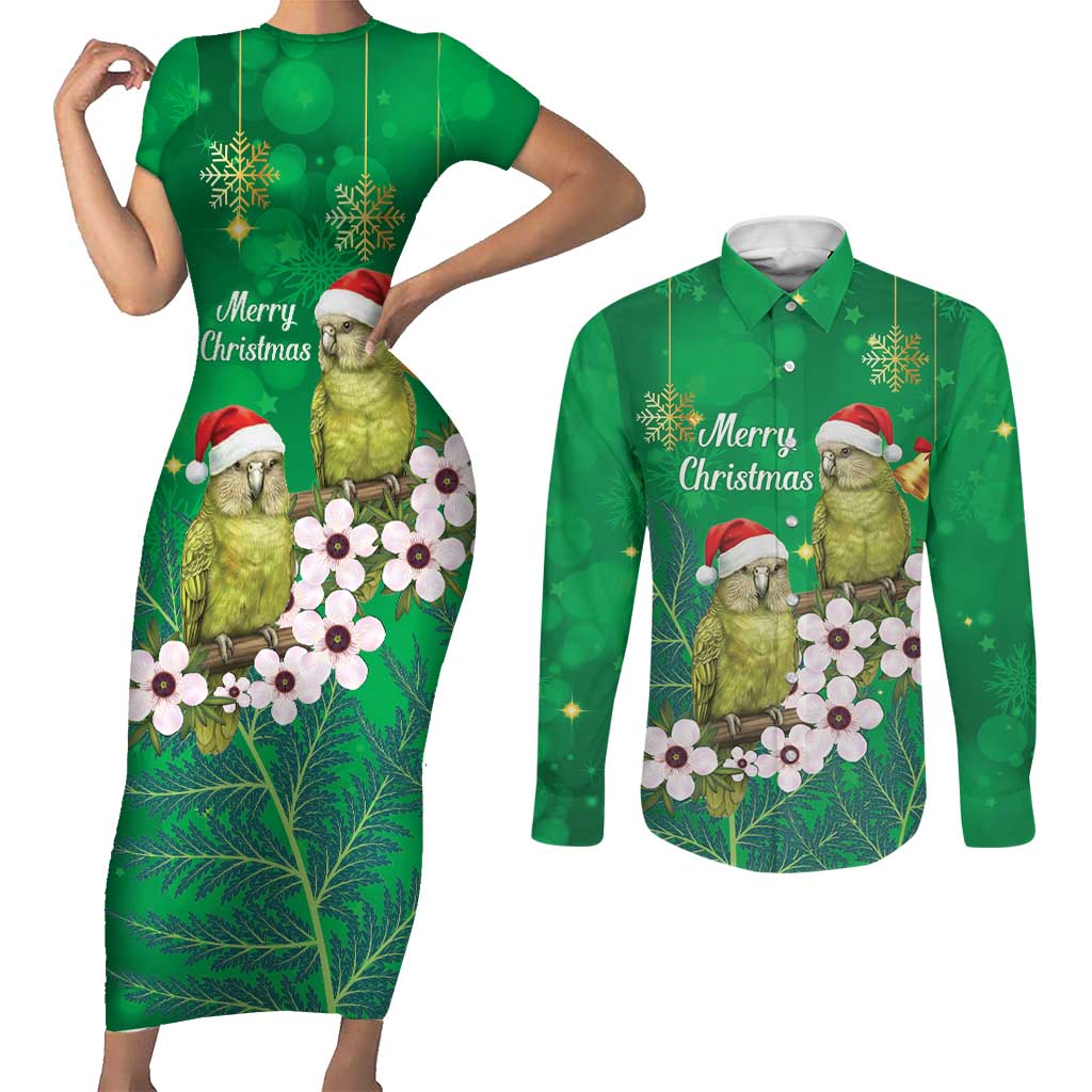 New Zealand Kakapo Christmas Couples Matching Short Sleeve Bodycon Dress and Long Sleeve Button Shirt Owl Parrot Santa Sliver Fern Manuka - Green LT14 Green - Polynesian Pride