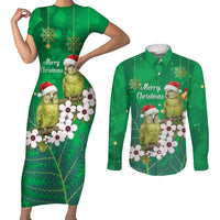 New Zealand Kakapo Christmas Couples Matching Short Sleeve Bodycon Dress and Long Sleeve Button Shirt Owl Parrot Santa Sliver Fern Manuka - Green LT14 Green - Polynesian Pride
