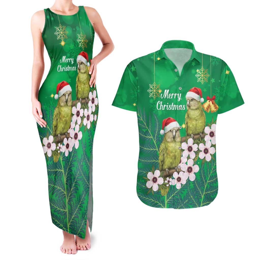 New Zealand Kakapo Christmas Couples Matching Tank Maxi Dress and Hawaiian Shirt Owl Parrot Santa Sliver Fern Manuka - Green LT14 Green - Polynesian Pride