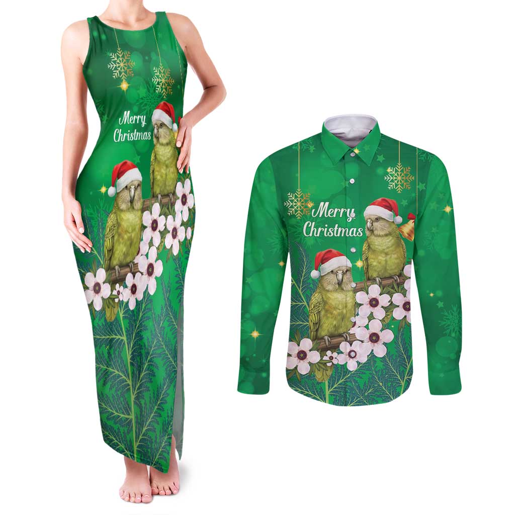 New Zealand Kakapo Christmas Couples Matching Tank Maxi Dress and Long Sleeve Button Shirt Owl Parrot Santa Sliver Fern Manuka - Green LT14 Green - Polynesian Pride