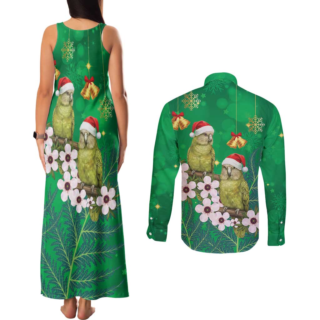 New Zealand Kakapo Christmas Couples Matching Tank Maxi Dress and Long Sleeve Button Shirt Owl Parrot Santa Sliver Fern Manuka - Green LT14 - Polynesian Pride