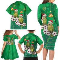 New Zealand Kakapo Christmas Family Matching Long Sleeve Bodycon Dress and Hawaiian Shirt Owl Parrot Santa Sliver Fern Manuka - Green LT14 - Polynesian Pride