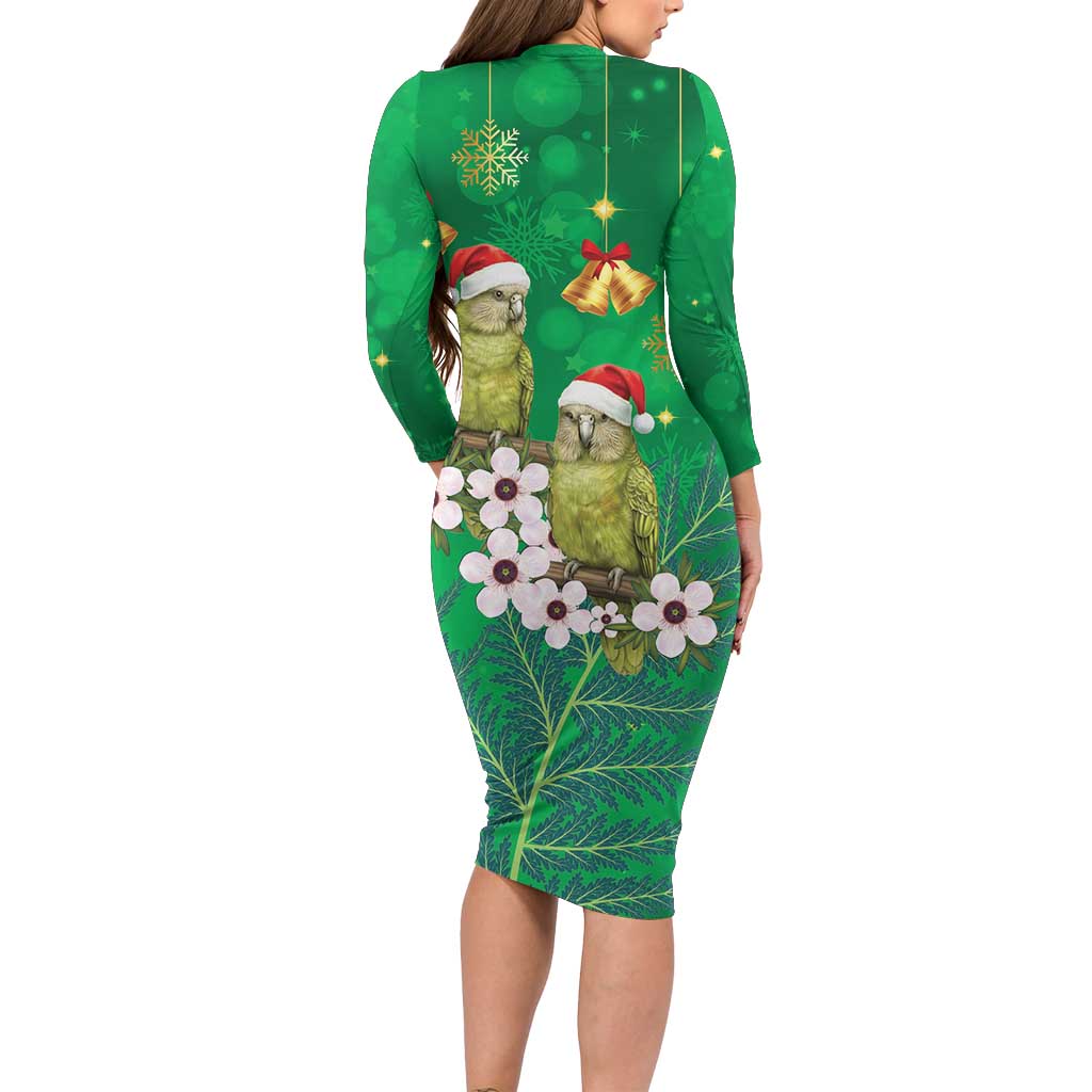 New Zealand Kakapo Christmas Family Matching Long Sleeve Bodycon Dress and Hawaiian Shirt Owl Parrot Santa Sliver Fern Manuka - Green LT14 - Polynesian Pride