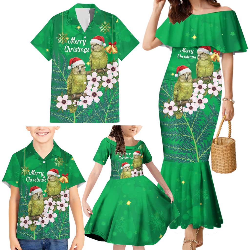 New Zealand Kakapo Christmas Family Matching Mermaid Dress and Hawaiian Shirt Owl Parrot Santa Sliver Fern Manuka - Green LT14 - Polynesian Pride