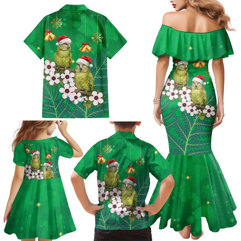 New Zealand Kakapo Christmas Family Matching Mermaid Dress and Hawaiian Shirt Owl Parrot Santa Sliver Fern Manuka - Green LT14 - Polynesian Pride