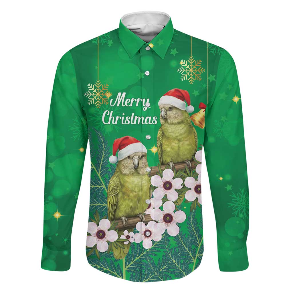 New Zealand Kakapo Christmas Family Matching Mermaid Dress and Hawaiian Shirt Owl Parrot Santa Sliver Fern Manuka - Green LT14 Dad's Shirt - Long Sleeve Green - Polynesian Pride
