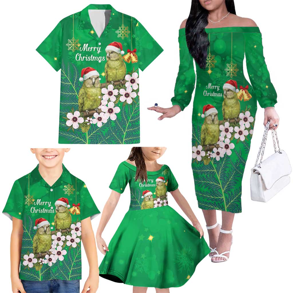 New Zealand Kakapo Christmas Family Matching Off The Shoulder Long Sleeve Dress and Hawaiian Shirt Owl Parrot Santa Sliver Fern Manuka - Green LT14 - Polynesian Pride