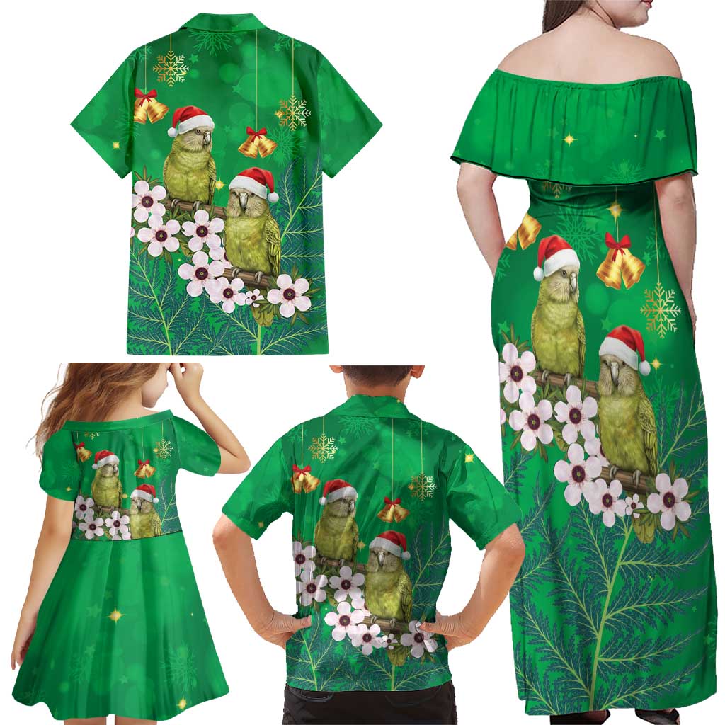 New Zealand Kakapo Christmas Family Matching Off Shoulder Maxi Dress and Hawaiian Shirt Owl Parrot Santa Sliver Fern Manuka - Green LT14 - Polynesian Pride