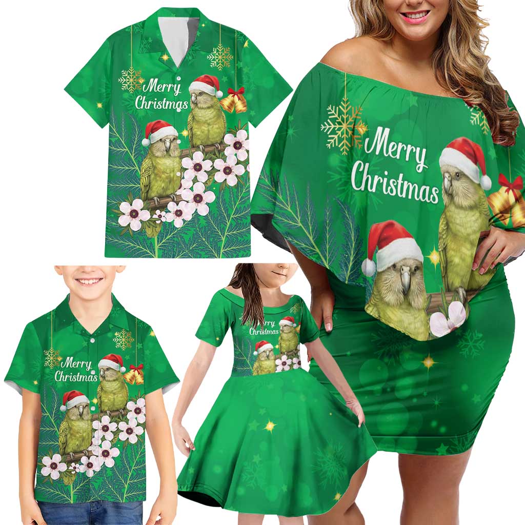 New Zealand Kakapo Christmas Family Matching Off Shoulder Short Dress and Hawaiian Shirt Owl Parrot Santa Sliver Fern Manuka - Green LT14 - Polynesian Pride