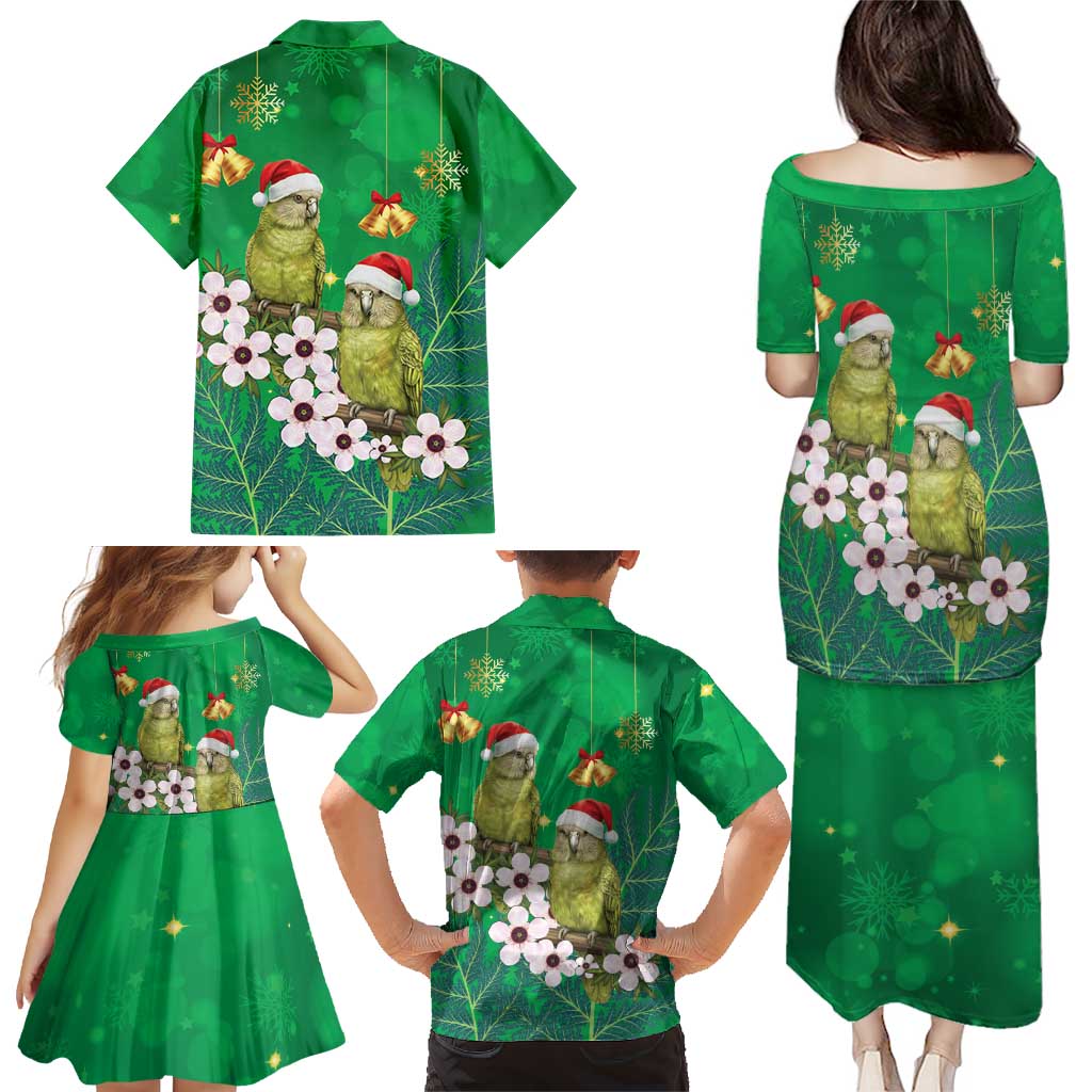 New Zealand Kakapo Christmas Family Matching Puletasi and Hawaiian Shirt Owl Parrot Santa Sliver Fern Manuka - Green LT14 - Polynesian Pride