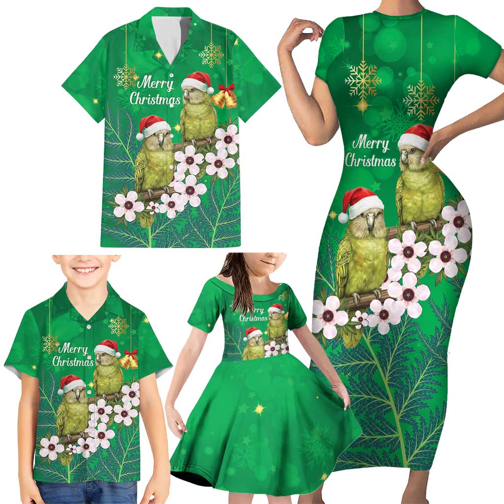 New Zealand Kakapo Christmas Family Matching Short Sleeve Bodycon Dress and Hawaiian Shirt Owl Parrot Santa Sliver Fern Manuka - Green LT14 - Polynesian Pride