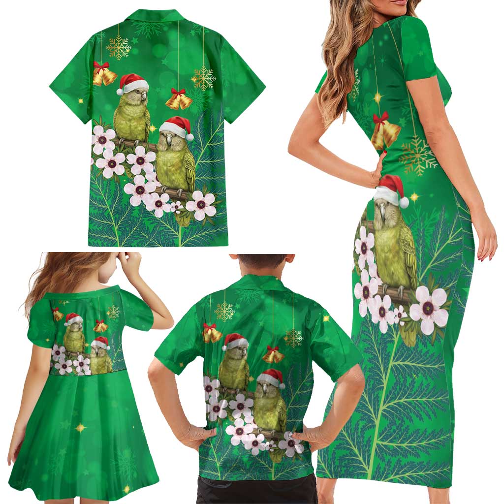New Zealand Kakapo Christmas Family Matching Short Sleeve Bodycon Dress and Hawaiian Shirt Owl Parrot Santa Sliver Fern Manuka - Green LT14 - Polynesian Pride