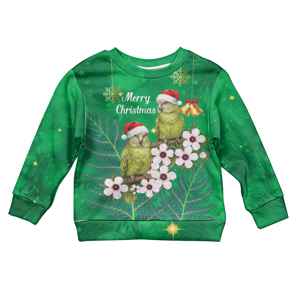 New Zealand Kakapo Christmas Kid Ugly Christmas Sweater Owl Parrot Santa Sliver Fern Manuka - Green LT14 Kid Green - Polynesian Pride