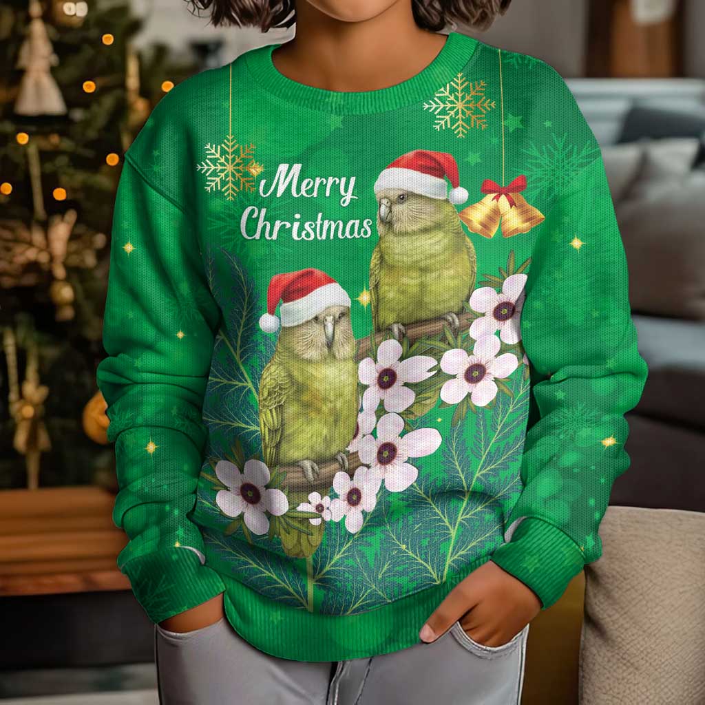 New Zealand Kakapo Christmas Kid Ugly Christmas Sweater Owl Parrot Santa Sliver Fern Manuka - Green LT14 - Polynesian Pride