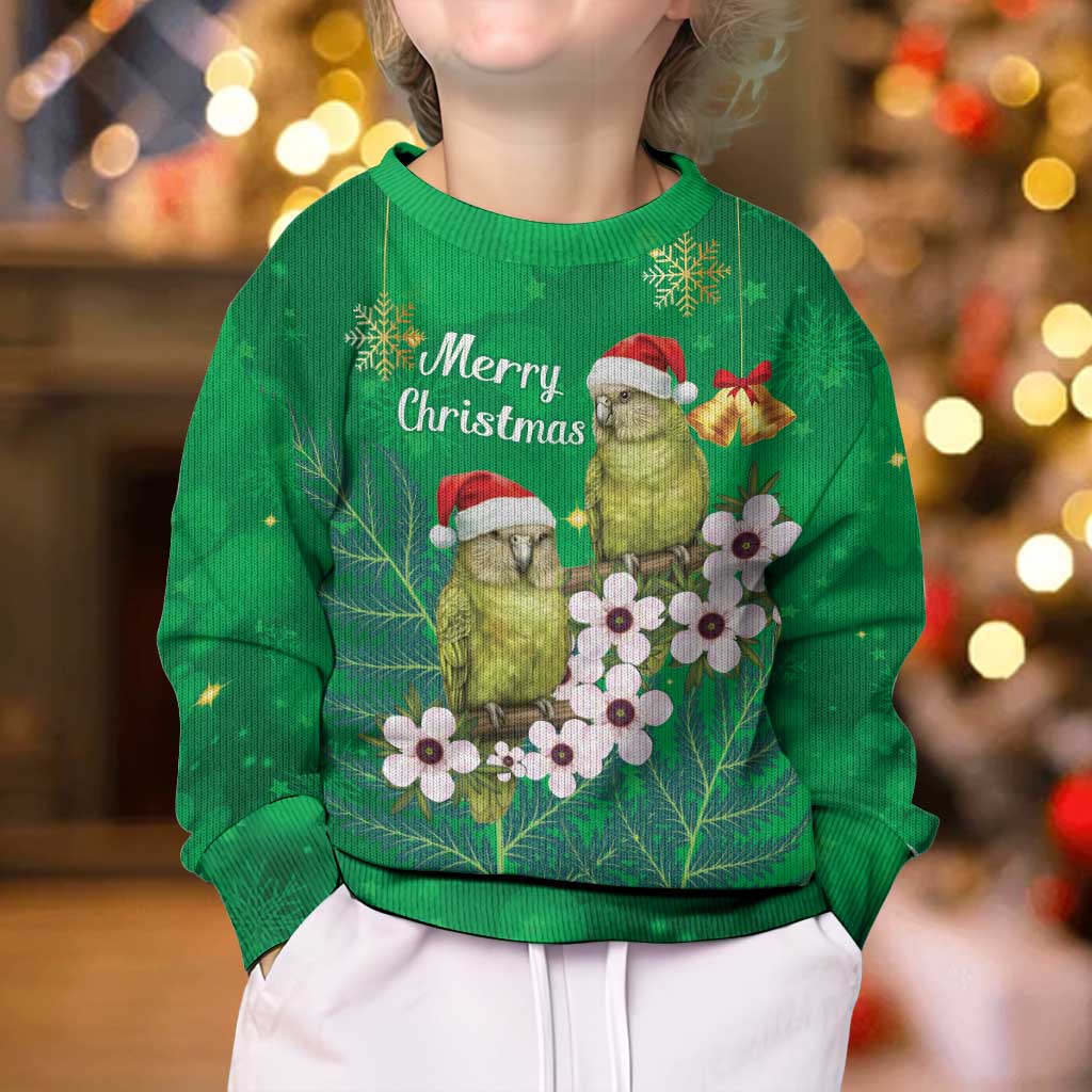 New Zealand Kakapo Christmas Kid Ugly Christmas Sweater Owl Parrot Santa Sliver Fern Manuka - Green LT14 - Polynesian Pride