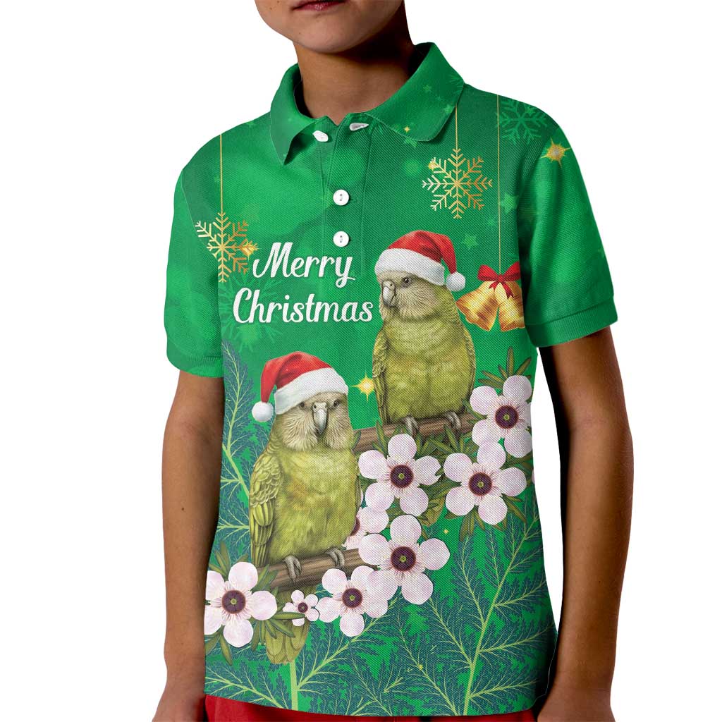 New Zealand Kakapo Christmas Kid Polo Shirt Owl Parrot Santa Sliver Fern Manuka - Green - Polynesian Pride