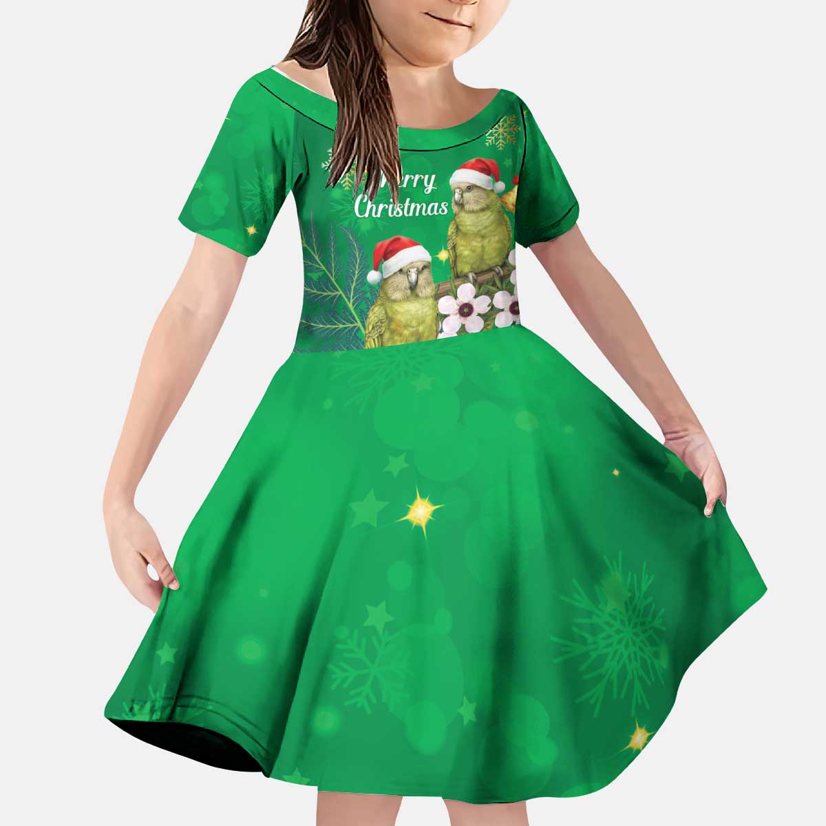 New Zealand Kakapo Christmas Kid Short Sleeve Dress Owl Parrot Santa Sliver Fern Manuka - Green LT14 KID Green - Polynesian Pride