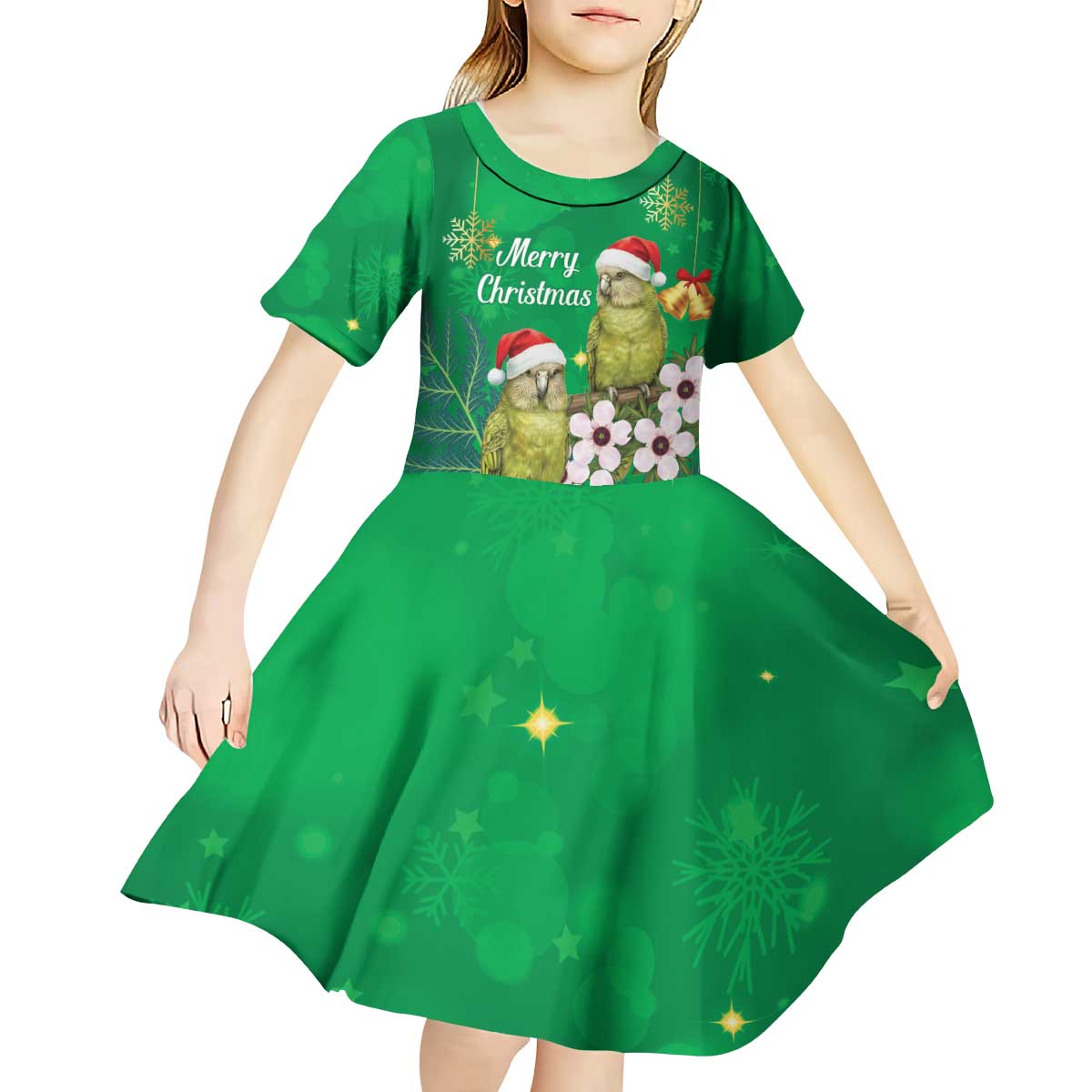 New Zealand Kakapo Christmas Kid Short Sleeve Dress Owl Parrot Santa Sliver Fern Manuka - Green LT14 - Polynesian Pride