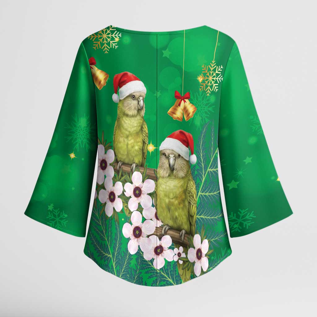 New Zealand Kakapo Christmas Kimono Sleeve Blouse Owl Parrot Santa Sliver Fern Manuka - Green LT14 - Polynesian Pride