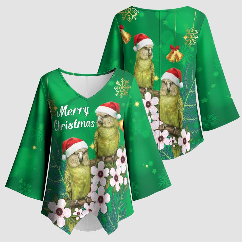 New Zealand Kakapo Christmas Kimono Sleeve Blouse Owl Parrot Santa Sliver Fern Manuka - Green LT14 - Polynesian Pride