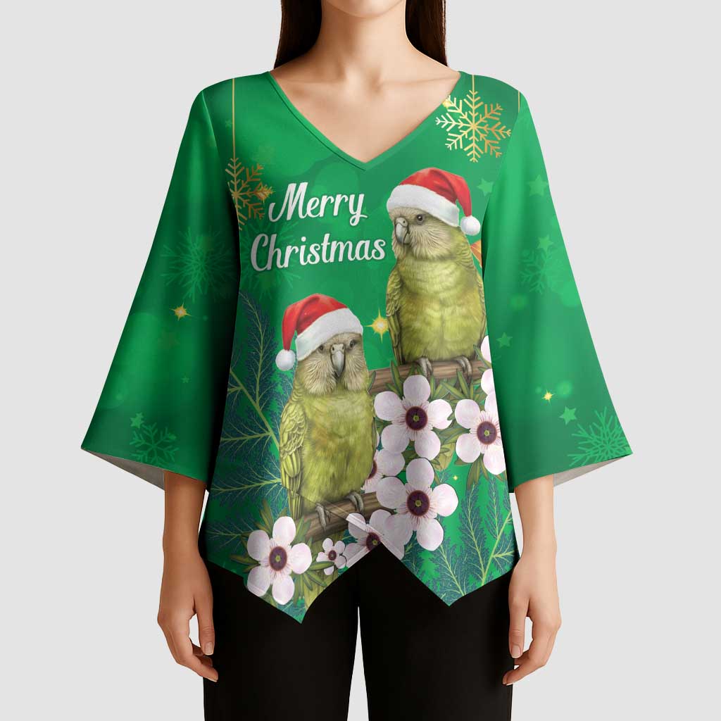 New Zealand Kakapo Christmas Kimono Sleeve Blouse Owl Parrot Santa Sliver Fern Manuka - Green LT14 - Polynesian Pride