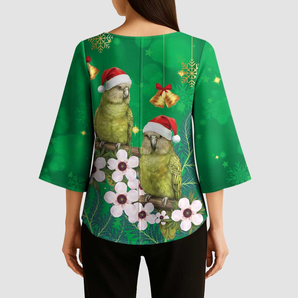 New Zealand Kakapo Christmas Kimono Sleeve Blouse Owl Parrot Santa Sliver Fern Manuka - Green LT14 - Polynesian Pride