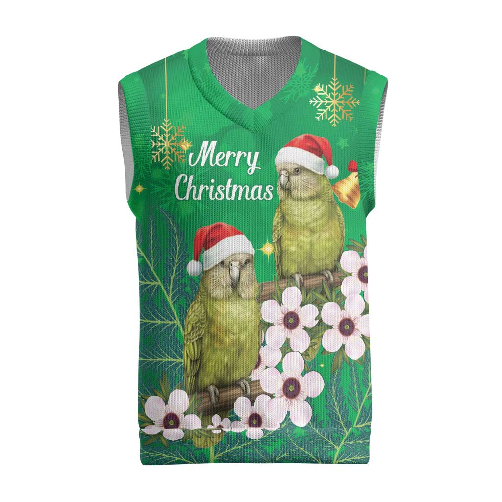 New Zealand Kakapo Christmas Knitted V-Neck Vest Owl Parrot Santa Sliver Fern Manuka - Green LT14 Green - Polynesian Pride
