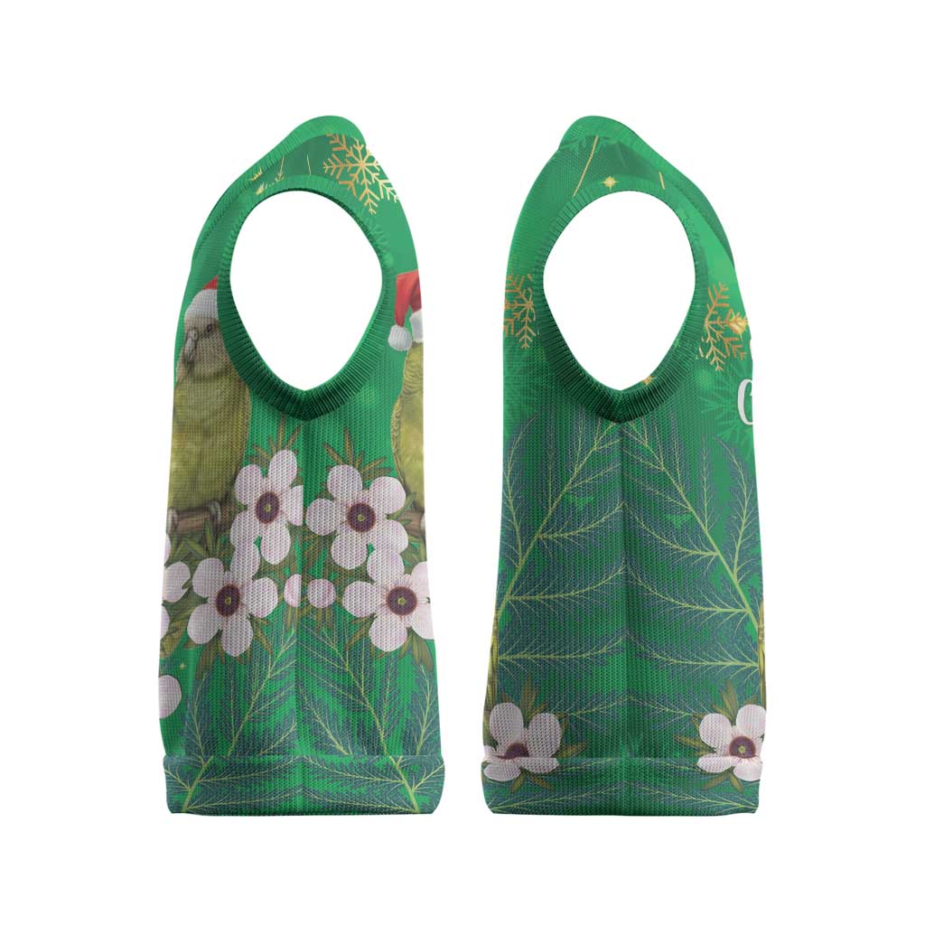 New Zealand Kakapo Christmas Knitted V-Neck Vest Owl Parrot Santa Sliver Fern Manuka - Green LT14 - Polynesian Pride