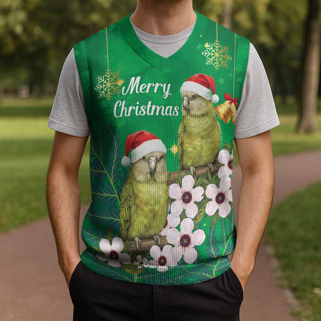 New Zealand Kakapo Christmas Knitted V-Neck Vest Owl Parrot Santa Sliver Fern Manuka - Green LT14 - Polynesian Pride