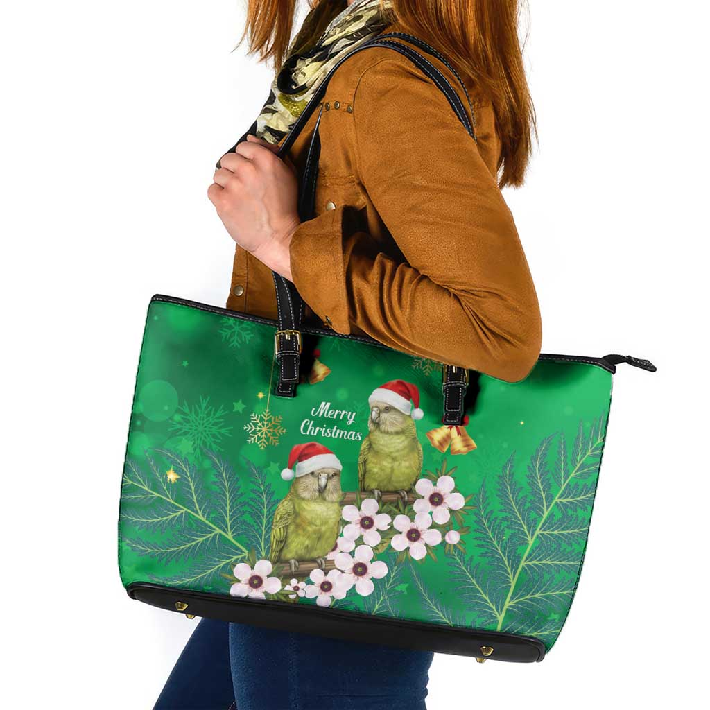 New Zealand Kakapo Christmas Leather Tote Bag Owl Parrot Santa Sliver Fern Manuka - Green LT14 Green - Polynesian Pride