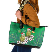 New Zealand Kakapo Christmas Leather Tote Bag Owl Parrot Santa Sliver Fern Manuka - Green LT14 Green - Polynesian Pride