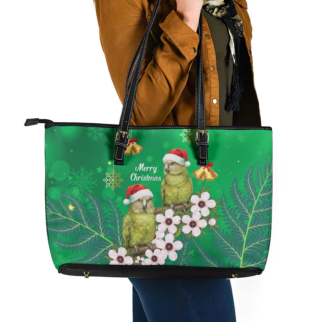 New Zealand Kakapo Christmas Leather Tote Bag Owl Parrot Santa Sliver Fern Manuka - Green LT14 - Polynesian Pride