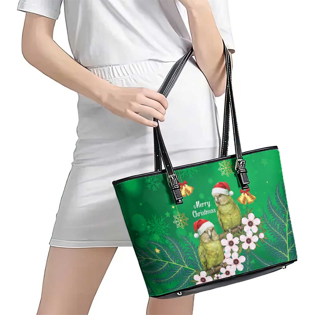 New Zealand Kakapo Christmas Leather Tote Bag Owl Parrot Santa Sliver Fern Manuka - Green LT14 - Polynesian Pride