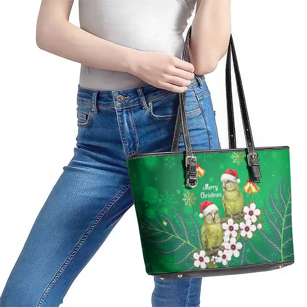 New Zealand Kakapo Christmas Leather Tote Bag Owl Parrot Santa Sliver Fern Manuka - Green LT14 - Polynesian Pride