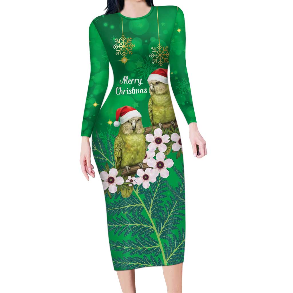 New Zealand Kakapo Christmas Long Sleeve Bodycon Dress Owl Parrot Santa Sliver Fern Manuka - Green LT14 Long Dress Green - Polynesian Pride