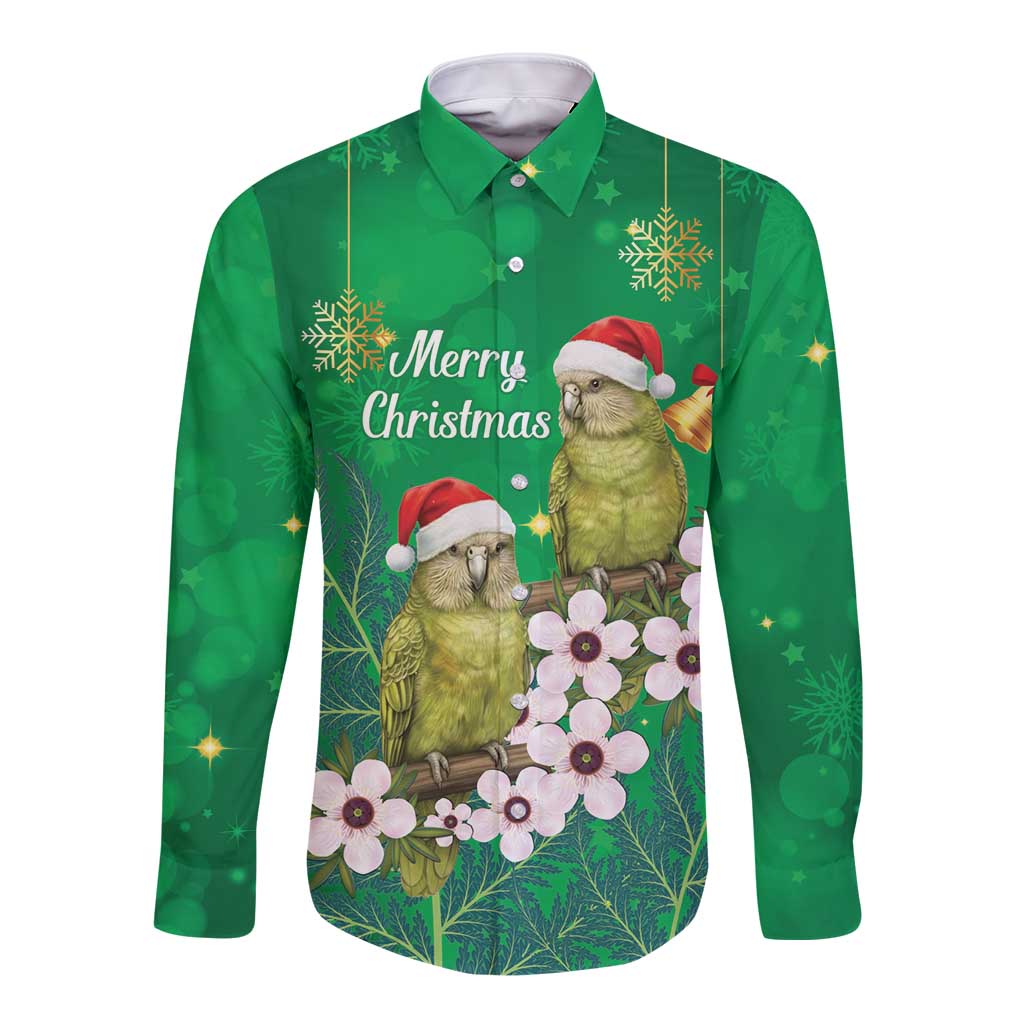 New Zealand Kakapo Christmas Long Sleeve Button Shirt Owl Parrot Santa Sliver Fern Manuka - Green LT14 Unisex Green - Polynesian Pride