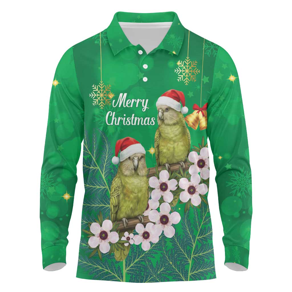 New Zealand Kakapo Christmas Long Sleeve Polo Shirt Owl Parrot Santa Sliver Fern Manuka - Green LT14 Green - Polynesian Pride