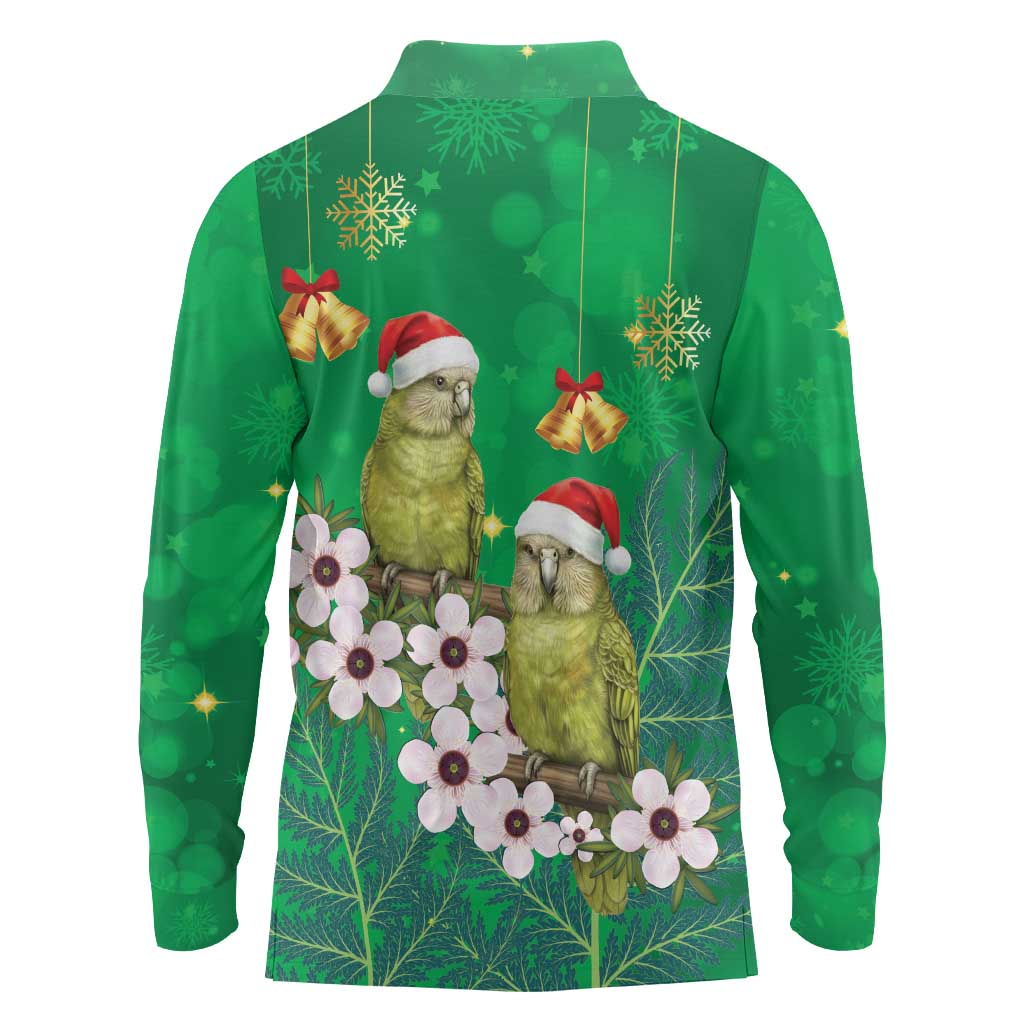 New Zealand Kakapo Christmas Long Sleeve Polo Shirt Owl Parrot Santa Sliver Fern Manuka - Green LT14 - Polynesian Pride