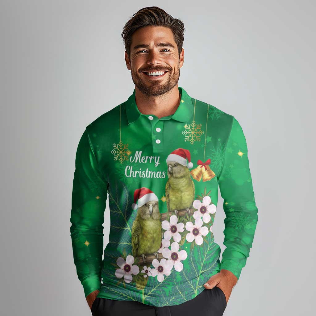 New Zealand Kakapo Christmas Long Sleeve Polo Shirt Owl Parrot Santa Sliver Fern Manuka - Green LT14 - Polynesian Pride